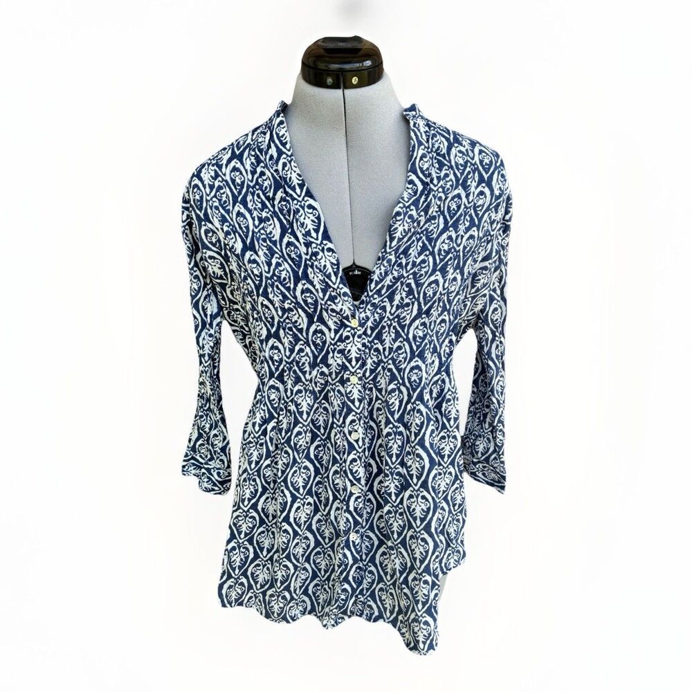 Rock Flower Paper | Blue V Neck Boho Beach Cotton Long Sleeve Blouse Small